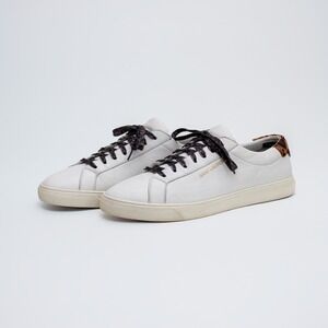 Saint Laurent White Leather Pony Hair Leopard Print Andy Low Top Sneakers US 9